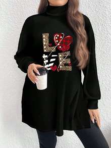 EMERY ROSE Heart Print Casual Minimalist Plus Size Women Black Turtleneck Long Sleeve Long T-Shirt,  Long T Shirt For Women Long Sleeve Graphic Tshirt/Valentine's Day,Flower/Spring/Summer/Vacation - Multicolor - View 1