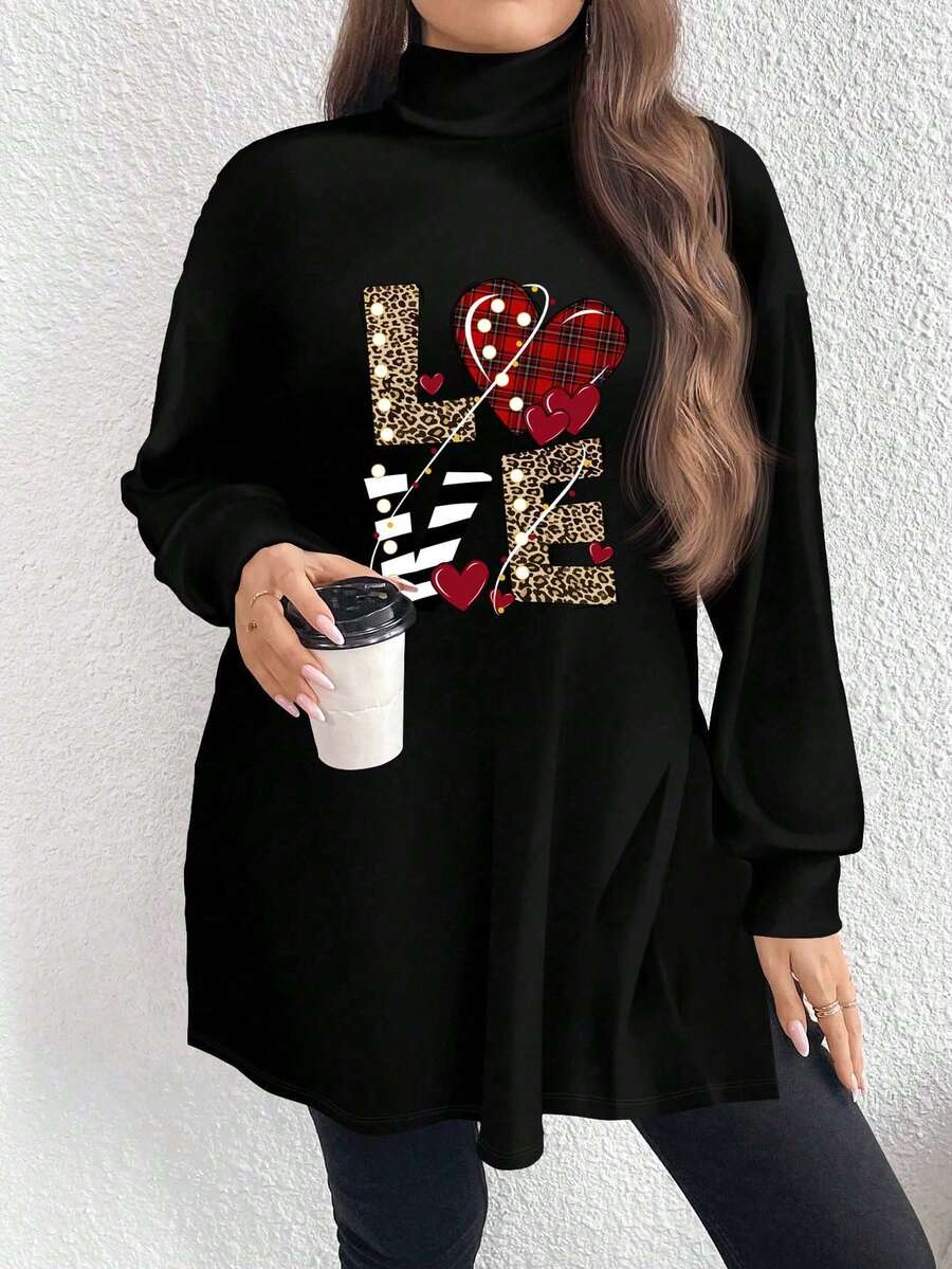 EMERY ROSE Heart Print Casual Minimalist Plus Size Women Black Turtleneck Long Sleeve Long T-Shirt,  Long T Shirt For Women Long Sleeve Graphic Tshirt/Valentine's Day,Flower/Spring/Summer/Vacation - Multicolor - View 1