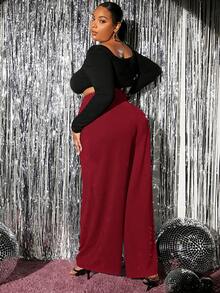 SHEIN SXY 大码女式红色休闲宽松高腰阔腿裤，秋季 - 紅色 - 查看 4