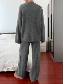 Livesso 女士宽松商务休闲针织开衫和直筒裤套装，秋冬优雅办公室装 - 深灰色 - 查看 3