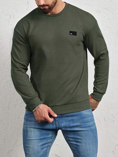 Manfinity Homme Men Loose Fit Letter Patched Detail Crew Neck Sweatshirt, Fall, Long Sleeve Top