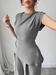 Rafferiza 2件套女士纯色纹理褶皱圆领无袖上衣 - 灰色 - 查看 3