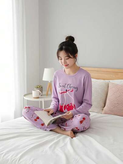 Women's Casual Cherry Pattern Printed Long Sleeve Top And Pants 2 Pieces Pajama Set