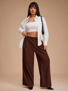 SHEIN Forever 21 大码女式休闲纯色宽松西装裤 - 鏽棕色 - 查看 7