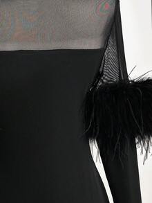 Franclia Damen modisches einfarbiges Minikleid mit flauschigem Besatz an den Ärmeln - Schwarz - Übersicht 3