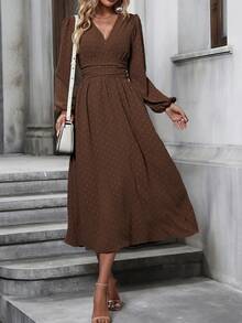 SHEIN Clasi 瑞士圆点斜领灯笼袖褶饰腰部连衣裙长款女装 - 咖啡 - 查看 3