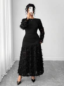 Elenzga 大码女式优雅拼布刺绣3D花卉连衣裙，秋冬 - 黑色 - 查看 4