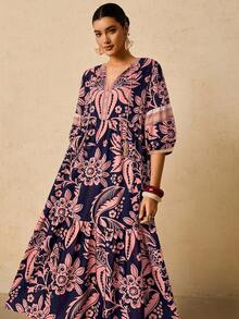 Travachic Váy maxi in họa tiết cây nhiệt đới màu hồng và xanh lá cây cỡ lớn dành cho nữ, váy dài tay rộng rãi, cổ chữ V, thắt nơ, đầu thu - Màu xanh hải quân - Xem 1