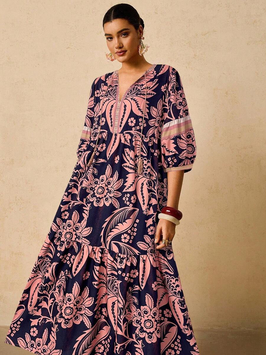 Travachic Váy maxi in họa tiết cây nhiệt đới màu hồng và xanh lá cây cỡ lớn dành cho nữ, váy dài tay rộng rãi, cổ chữ V, thắt nơ, đầu thu - Màu xanh hải quân - Xem 1