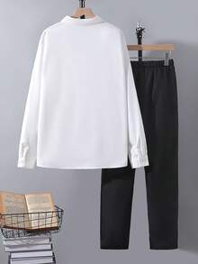 SHEIN 2 件套青少年男孩绅士装 - 白色领长袖衬衫 + 黑色长裤，绅士西装套装，商务优雅，学院风，适合生日派对、日常休闲装、婚礼、婚礼嘉宾、花童、戒指男孩 - 白色 - 查看 2