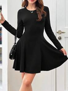 SHEIN 少女荷叶边长袖黑色连衣裙，青少年休闲连衣裙，修身A字连衣裙，长袖连衣裙，可爱黑色连衣裙，适合春季/秋季/圣诞节、节日/家庭日/新年等场合。 - 黑色 - 查看 7