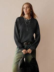 Florisole 女式优雅休闲铆钉仿旧印花运动衫 - 深灰色 - 查看 5