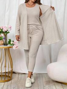 EMERY ROSE Conjunto de 3 piezas talla grande: Chaqueta de manga larga de punto acanalado de unicolor, chaleco de cuello redondo y pantalones casuales con lazo delantero, conjunto de otoño para mujer - Albaricoque - Ver 4