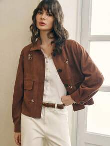 Cévolie 女式花卉串珠休闲宽松单排扣蝙蝠袖夹克 - 咖啡棕 - 查看 3