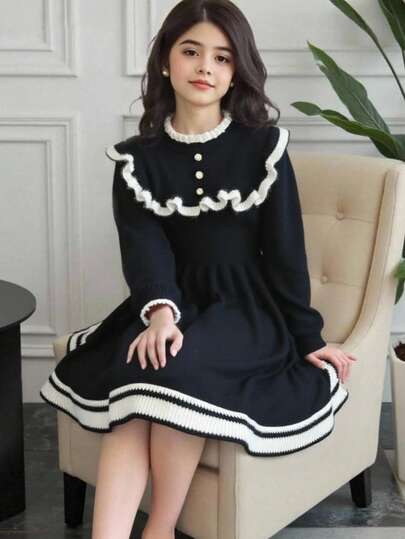 SHEIN 青少年女孩时尚黑色针织长袖毛衣裙，秋冬休闲针织裙