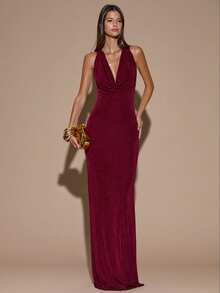 SHEIN BAE 酒红色深 V 领露背系带长款优雅连衣裙，适合鸡尾酒会、浪漫约会、秋冬分层穿着、派对、婚礼、万圣节、圣诞节 - 酒紅色 - 查看 3