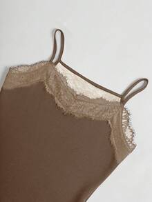 Camiseta de seda de terciopelo con ribete de encaje para mujer, otoño/invierno - Marrón - Ver 3