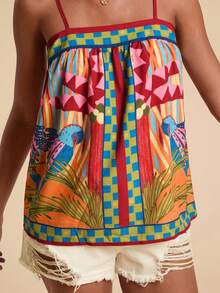 Travachic 女士度假印花宽松吊带背心，热带风情上衣，度假沙滩装上衣，时尚沙滩上衣，休闲度假，夏季假期，春假，派对，海滩，春季，情人节，墨西哥风情上衣，波西米亚风女式上衣 - 彩色 - 查看 7