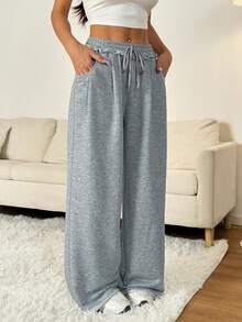 SHEIN PETITE 女士夏季街头服饰外出休闲运动基本款法式灰色松紧腰带直筒宽松裤 - 灰色 - 查看 10