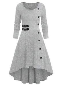 EMERY ROSE Plus Size Women's Grey Everyday Autumn Smart Casual Knit Ribbed Crew Neck Button Decor Dress,Front Short Back Long Elegant Thanksgiving Party Commute - Grey - View 1