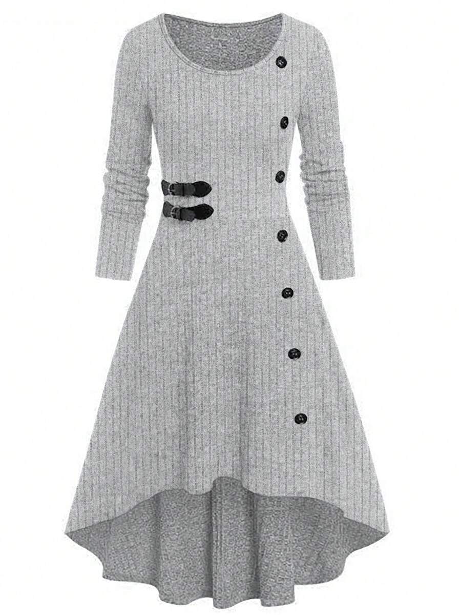 EMERY ROSE Plus Size Women's Grey Everyday Autumn Smart Casual Knit Ribbed Crew Neck Button Decor Dress,Front Short Back Long Elegant Thanksgiving Party Commute - Grey - View 1