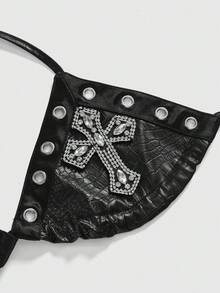 ROMWE Avant Soutien-gorge de motard rétro Gyaru pour femmes avec décoration  et PU, short skinny mini ultra taille basse avec ornements croisés - Noir - Voir 2