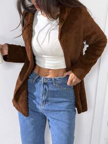 SHEIN EZwear 秋冬休闲慕斯棕色双面宽松连帽衫 - 摩卡棕 - 查看 3