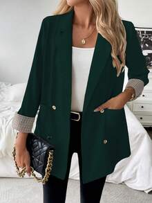 Franclia 法式格纹袖口微修身通勤休闲夏季西装外套 - 墨綠色 - 查看 4