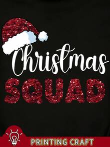 EMERY ROSE Fashionable Christmas Shiny English Text Santa Hat Women Drop Shoulder Crew Neck Sweatshirt - Black - View 5