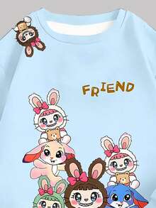 1 Set Young Girls Cute Cartoon Big Ear Rabbit Pattern Blue Crew Neck Sweatshirt And Leggings Set, Autumn/Winter Daily Outfit And School Wear - Multicolor - View 4