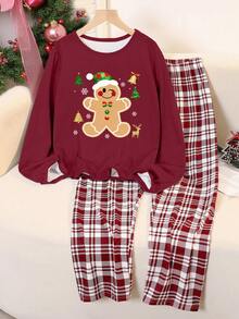 青少年女孩圣诞睡衣 - 2 件套，含姜饼人印花圆领长袖上衣和格子宽松裤，圣诞红格子装 - 酒紅色 - 查看 1