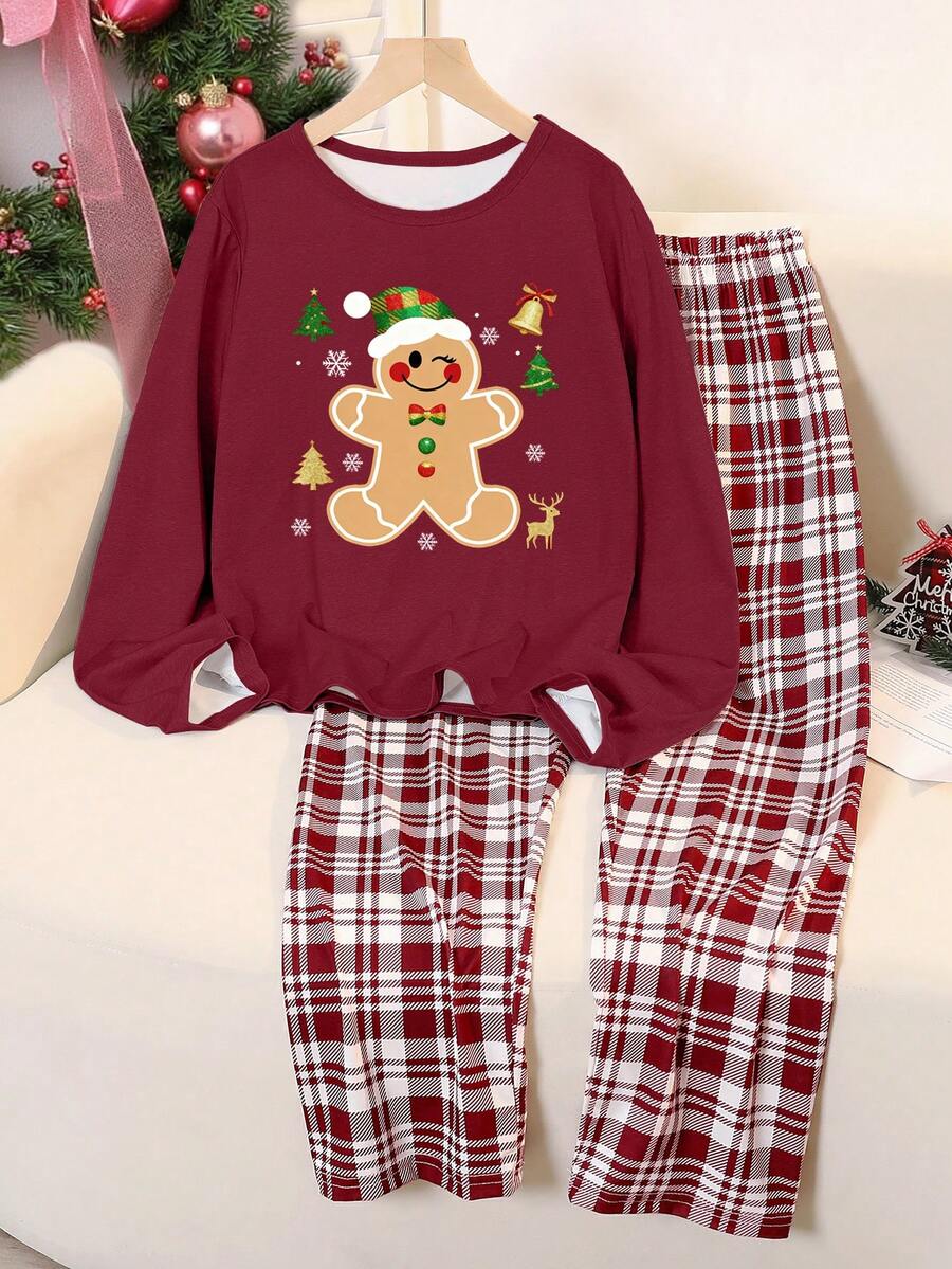 青少年女孩圣诞睡衣 - 2 件套，含姜饼人印花圆领长袖上衣和格子宽松裤，圣诞红格子装 - 酒紅色 - 查看 1