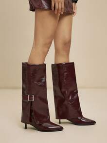 Daringsoles Pointed Toe Riding Boots, Fashionable Tall Metal Buckle Slim High Heel Straight Tube Leg Boots, Slimming Knee-High Boots For Christmas - Burgundy - View 8