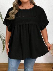 SHEIN CURVE+ Áo sơ mi Dolman ren tương phản cỡ lớn của Thụy Sĩ - màu đen - Xem 4