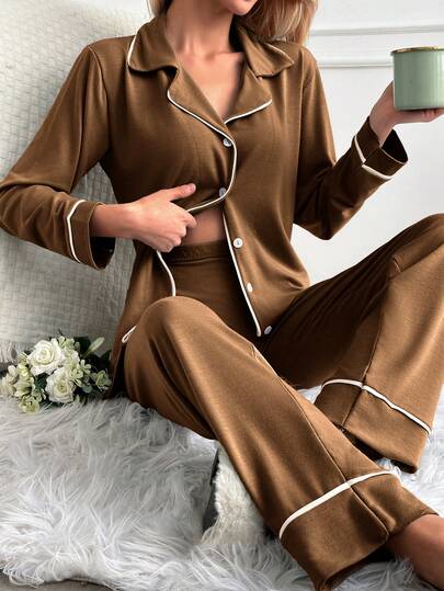 PLUS 100%Cotton Women Binding Detail Homewear Pajama Set