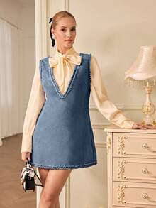 Aveloria Rosie Blue Deep V-Neck Gold Thread Woven Trim Decor Luxurious Faux Suede Party Dress, Minimalist Design, Sleeveless, Versatile