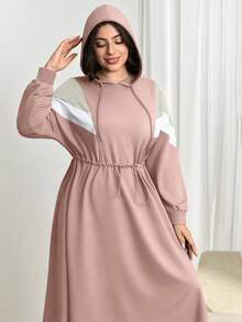 Modelyn 大码撞色连帽休闲收腰长袖连衣裙，百搭秋冬装 - 粉色 - 查看 5