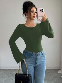 SHEIN Elenzya Áo len nữ màu trơn cổ tròn, vai thường, tay dài, dáng ôm, cổ tay loe, kiểu dáng thường ngày. - xanh quân đội - Xem 3