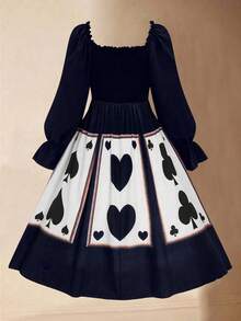 Sweetra Plus Size Women's Sweetheart Neck Card Graphic Color Block Midi Dress - Navy Blue - View 2