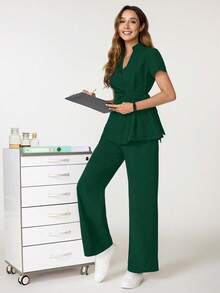 TaskEZ Komplet pielęgniarski, jednokolorowy top z dekoltem w serek, krótkim rękawem i węzłem z boku, ze spodniami