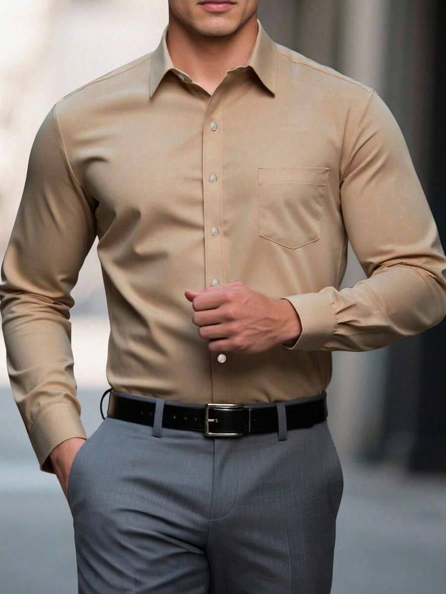 Manfinity Homme Plus Size Men's Solid Color Business Casual Long Sleeve Shirt - Camel - View 1