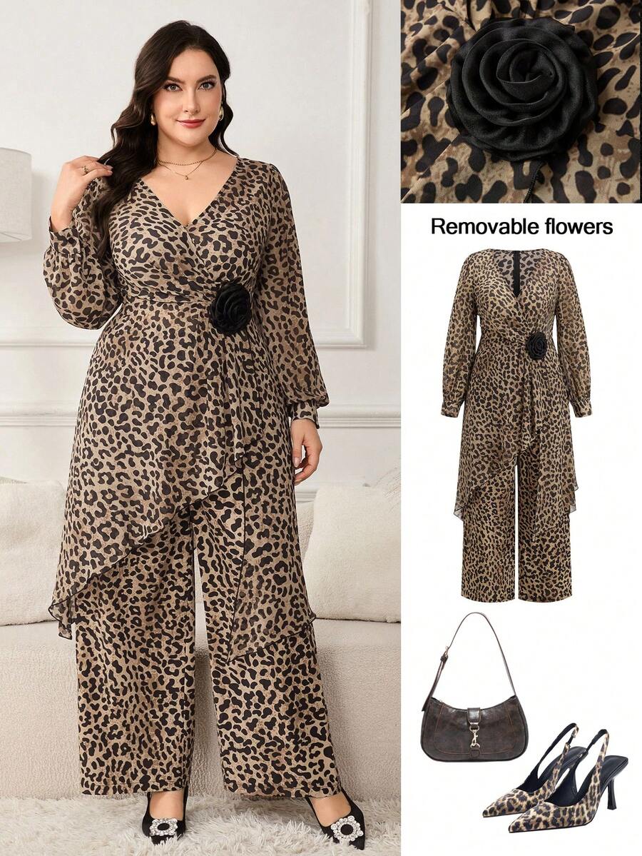 Ellevyn 大码女式豹纹长袖不对称下摆衬衫，饰以花卉图案，搭配阔腿裤，时尚两件套，适合办公室穿着。豹纹女装，猎豹纹女装。 - 彩色 - 查看 1