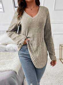 EMERY ROSE Plus Size Women's Casual V-Neck Long Sleeve Ribbed Knit T-Shirt, Solid Color, Versatile For Daily Wear, Spring/Autumn - Apricot - View 4