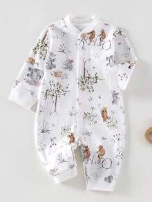 Baby Boy Elephant & Plant Print Front Button Long Sleeve Jumpsuit, Comfortable And Soft