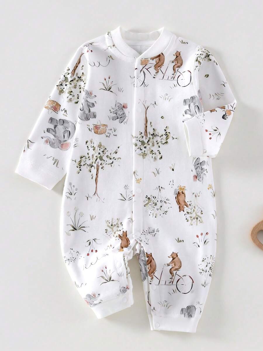 Baby Boy Elephant & Plant Print Front Button Long Sleeve Jumpsuit, Comfortable And Soft