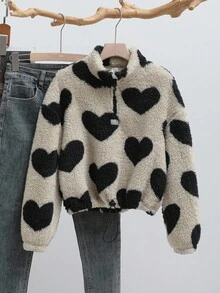 SHEIN Moletom Folgado e Fofo com Estampa de Coração para Meninas Pré-Adolescentes, Casual e Versátil - Caqui - Visão 1