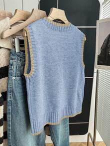 Franclia Casual Loose Crew Neck Sleeveless Knit Contrast Trim Khaki Sweater Top For Women, Spring/Autumn - Blue and White - View 2