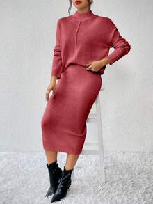 RosyDaze 女式纯色简约日常长袖上衣和裙子针织两件套，休闲 - 西瓜粉 - 查看 3