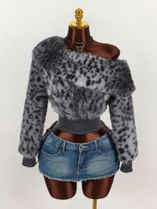 Amplova 秋冬女士时尚不对称领仿皮草豹纹夹克 - 灰色 - 查看 5