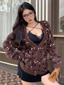 DAZY Women's V-Neck Cardigan, Fuzzy Fashion Animal Print Leopard Pattern All-Over Print, Color Blocking, Suitable For Autumn & Winter - Chocolate Brown - View 2